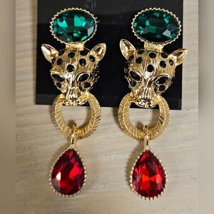 GOLD TONE PANTHER LION CHANDELIER RHINESTONES RED GREEN TEARDROP POST EARRINGS